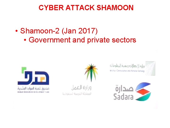 CYBER ATTACK SHAMOON • Shamoon-2 (Jan 2017) • Government and private sectors 