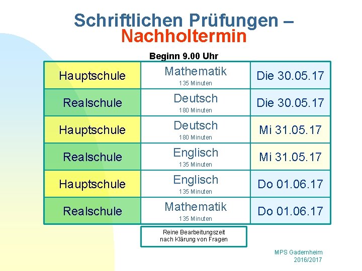 Schriftlichen Prüfungen – Nachholtermin Beginn 9. 00 Uhr Hauptschule Mathematik Realschule Deutsch Hauptschule Deutsch