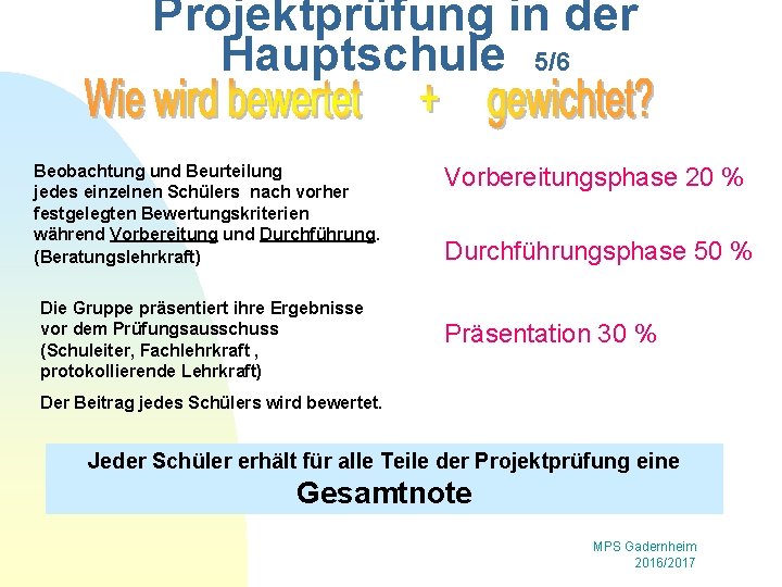 Projektprüfung in der Hauptschule 5/6 Beobachtung und Beurteilung jedes einzelnen Schülers nach vorher festgelegten