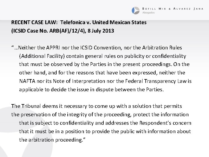 RECENT CASE LAW: Telefonica v. United Mexican States (ICSID Case No. ARB(AF)/12/4), 8 July