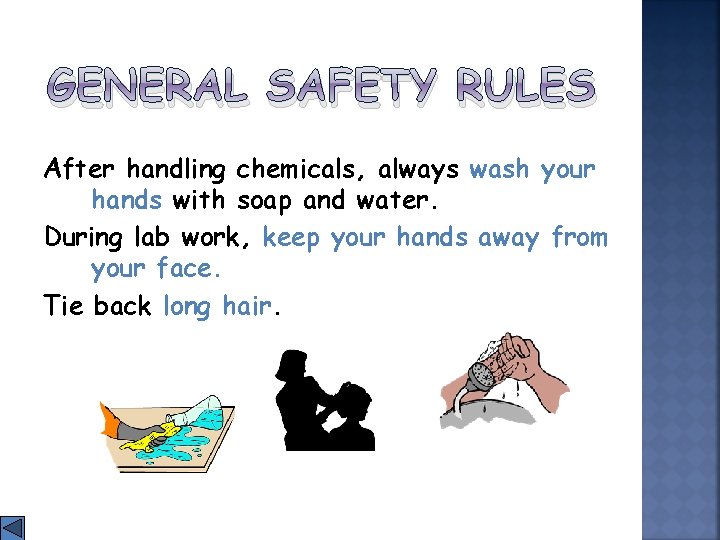 GENERAL SAFETY RULES After handling chemicals, always wash your hands with soap and water.