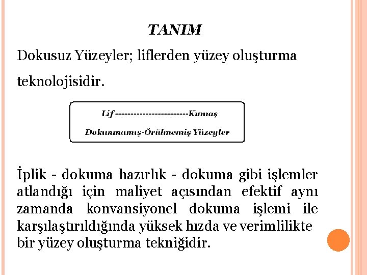 TANIM Dokusuz Yüzeyler; liflerden yüzey oluşturma teknolojisidir. İplik - dokuma hazırlık - dokuma gibi