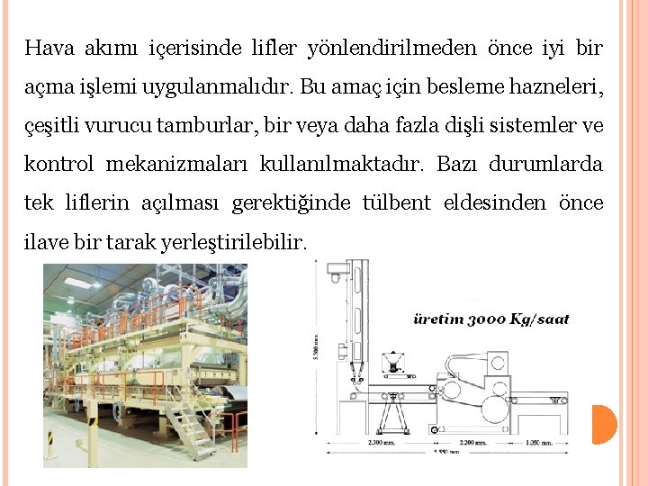Hava akımı içerisinde lifler yönlendirilmeden önce iyi bir açma işlemi uygulanmalıdır. Bu amaç için