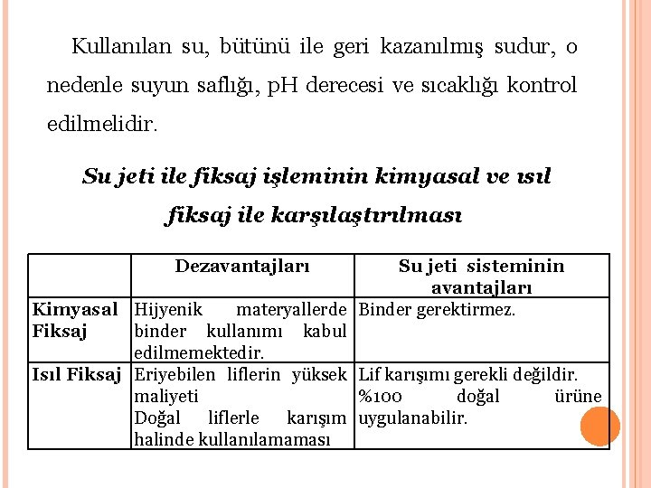  Kullanılan su, bütünü ile geri kazanılmış sudur, o nedenle suyun saflığı, p. H