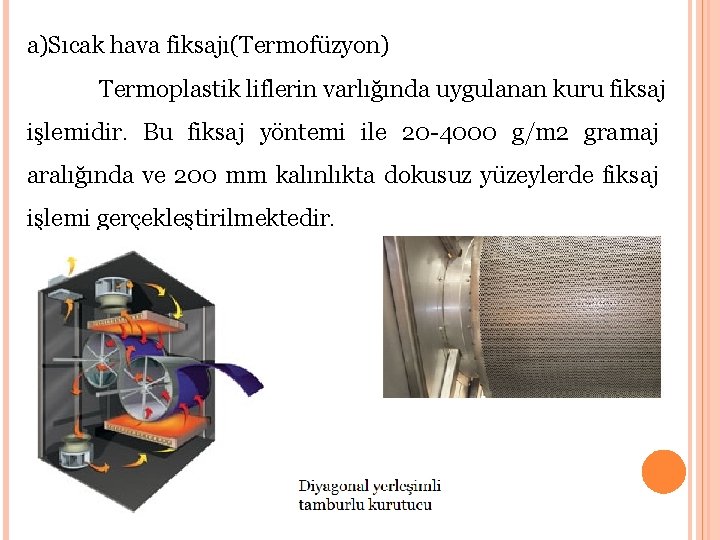 a)Sıcak hava fiksajı(Termofüzyon) Termoplastik liflerin varlığında uygulanan kuru fiksaj işlemidir. Bu fiksaj yöntemi ile