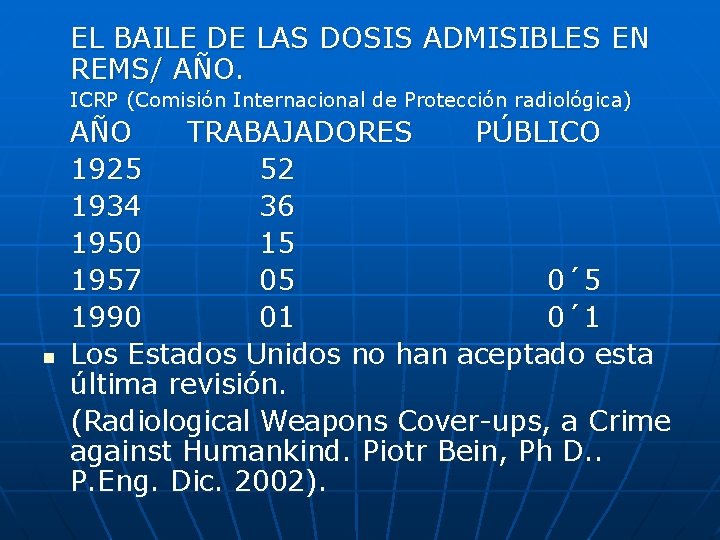 EL BAILE DE LAS DOSIS ADMISIBLES EN REMS/ AÑO. ICRP (Comisión Internacional de Protección
