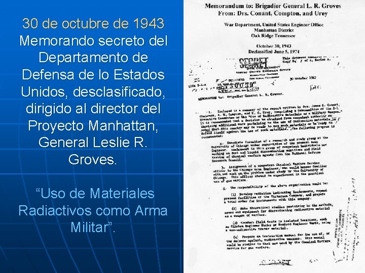 30 de octubre de 1943 Memorando secreto del Departamento de Defensa de lo Estados