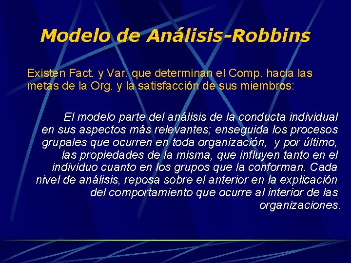 Modelo de Análisis-Robbins Existen Fact. y Var. que determinan el Comp. hacia las metas