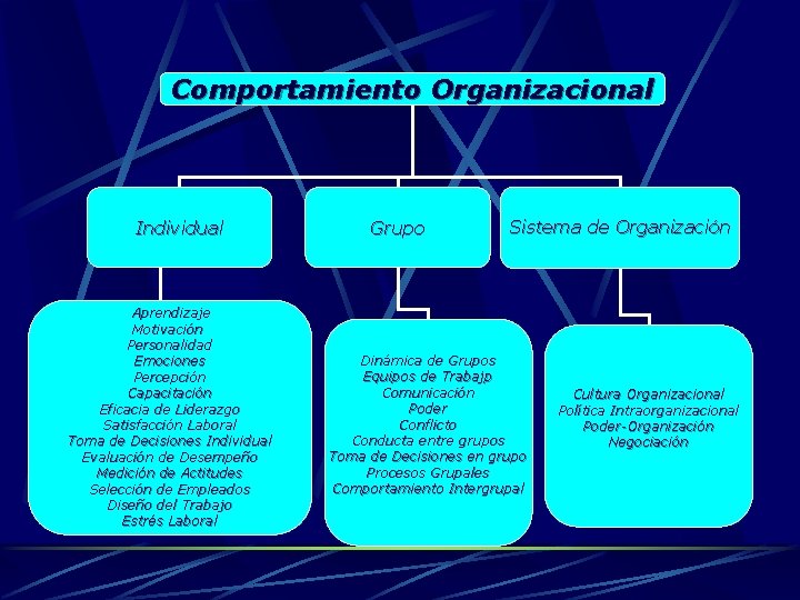 Comportamiento Organizacional Individual Aprendizaje Motivación Personalidad Emociones Percepción Capacitación Eficacia de Liderazgo Satisfacción Laboral