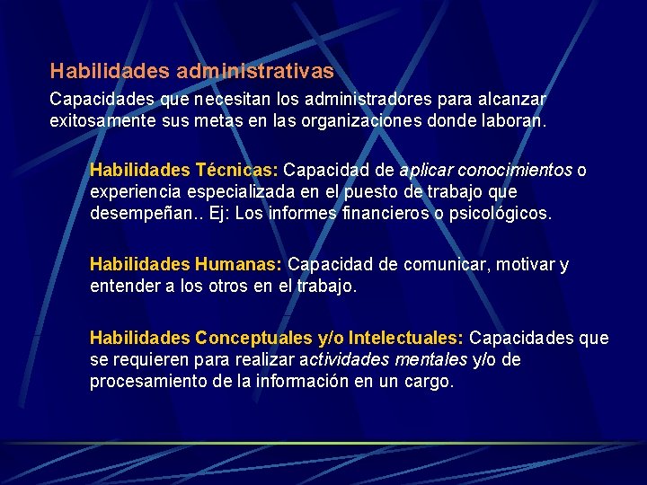 Habilidades administrativas Capacidades que necesitan los administradores para alcanzar exitosamente sus metas en las