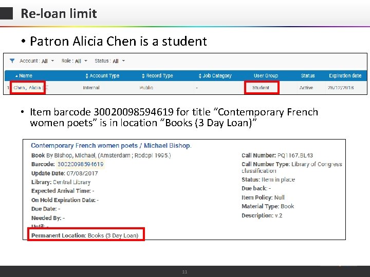 Re-loan limit • Patron Alicia Chen is a student • Item barcode 30020098594619 for