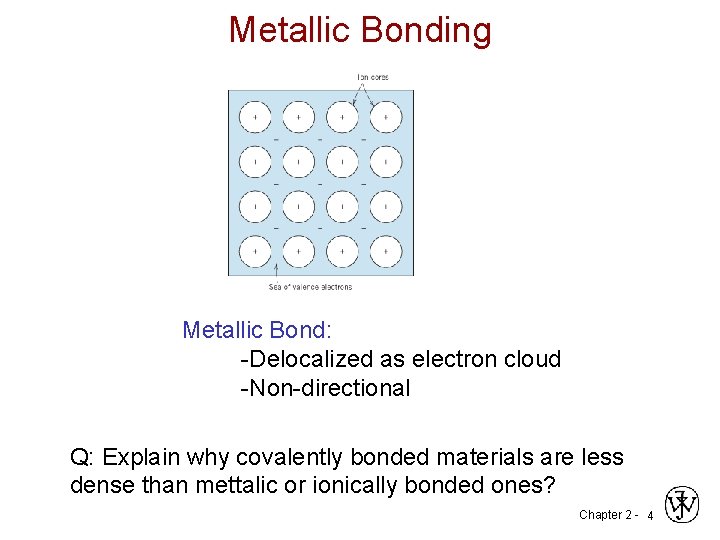 Metallic Bonding Metallic Bond: -Delocalized as electron cloud -Non-directional Q: Explain why covalently bonded