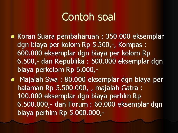 Contoh soal Koran Suara pembaharuan : 350. 000 eksemplar dgn biaya per kolom Rp