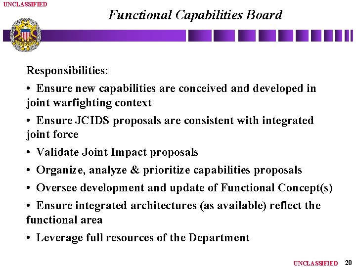 UNCLASSIFIED Functional Capabilities Board Responsibilities: • Ensure new capabilities are conceived and developed in