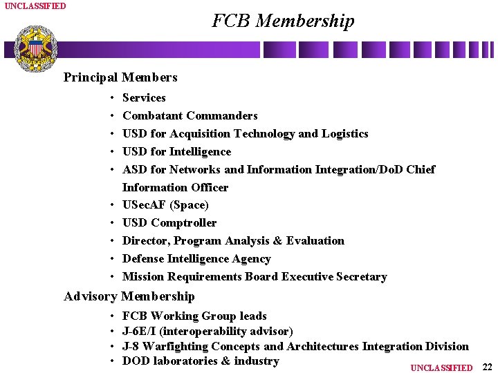 UNCLASSIFIED FCB Membership Principal Members • • • Services Combatant Commanders USD for Acquisition