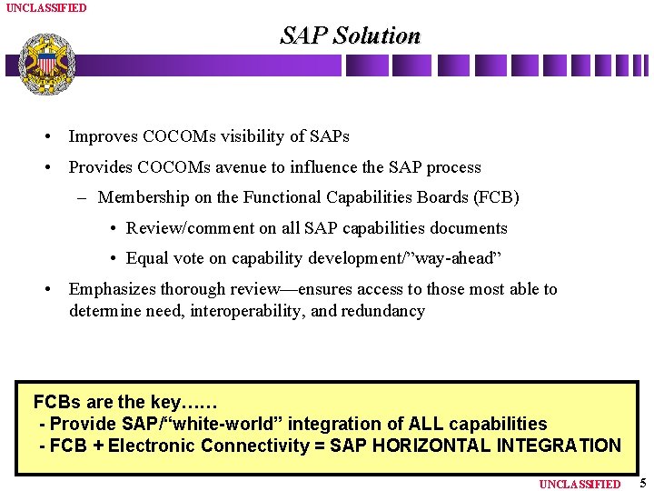 UNCLASSIFIED SAP Solution • Improves COCOMs visibility of SAPs • Provides COCOMs avenue to