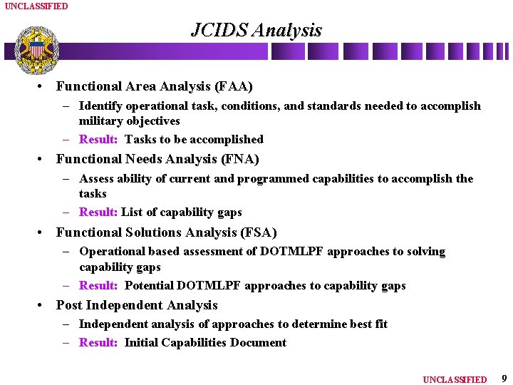 UNCLASSIFIED JCIDS Analysis • Functional Area Analysis (FAA) – Identify operational task, conditions, and