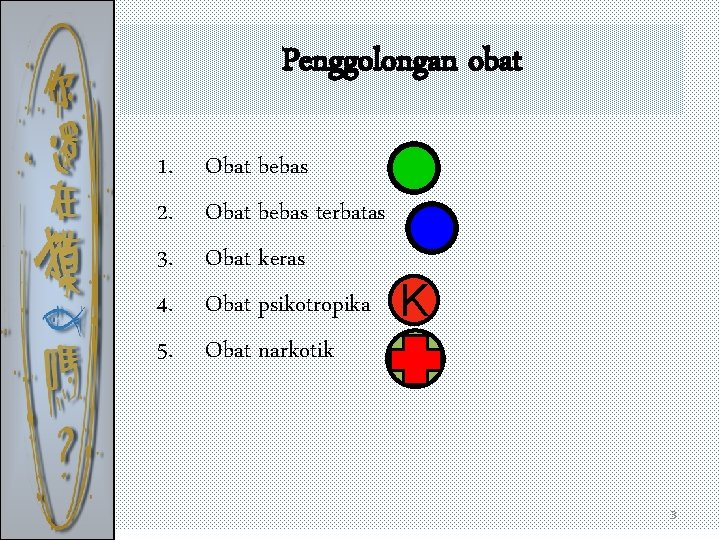 Penggolongan obat 1. 2. 3. 4. 5. Obat bebas terbatas Obat keras Obat psikotropika