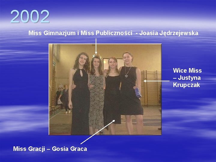 2002 Miss Gimnazjum i Miss Publiczności - Joasia Jędrzejewska Wice Miss – Justyna Krupczak