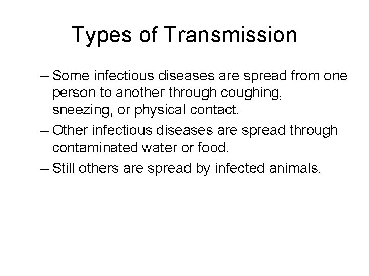 Types of Transmission – Some infectious diseases are spread from one person to another