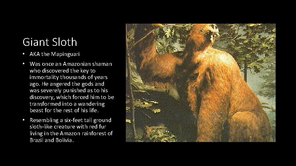 Giant Sloth • AKA the Mapinguari • Was once an Amazonian shaman who discovered