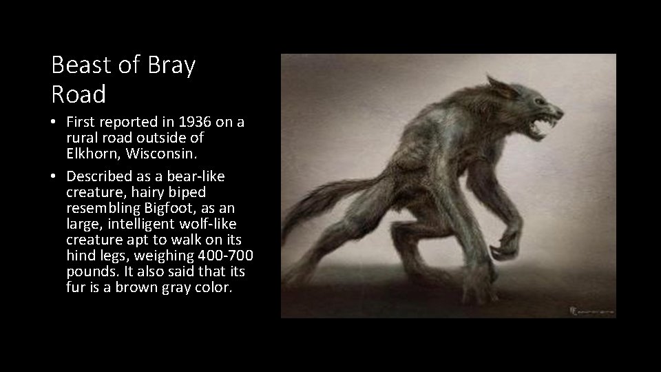 Beast of Bray Road • First reported in 1936 on a rural road outside
