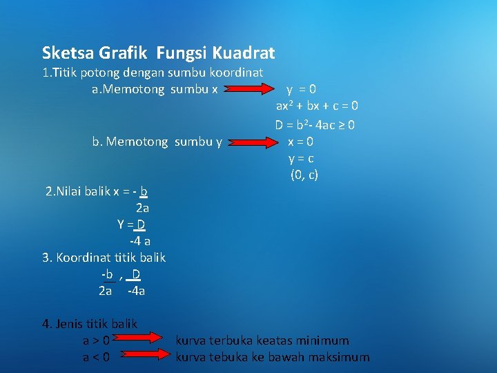 Sketsa Grafik Fungsi Kuadrat 1. Titik potong dengan sumbu koordinat a. Memotong sumbu x