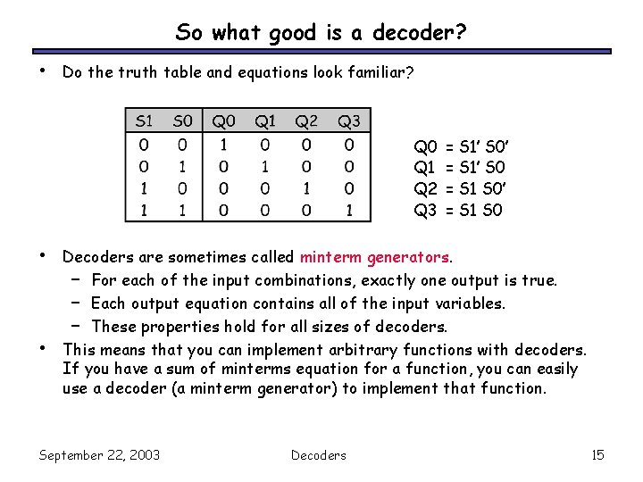 So what good is a decoder? • Do the truth table and equations look