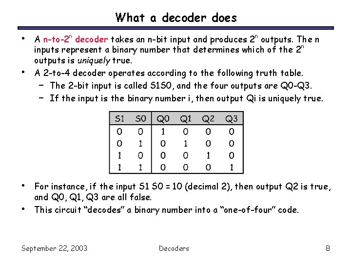 What a decoder does • • A n-to-2 n decoder takes an n-bit input