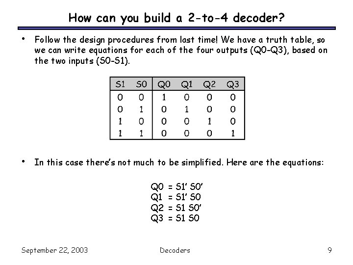 How can you build a 2 -to-4 decoder? • Follow the design procedures from