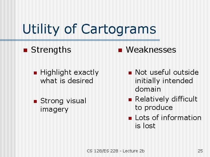 Utility of Cartograms n Strengths n Weaknesses n Highlight exactly what is desired n