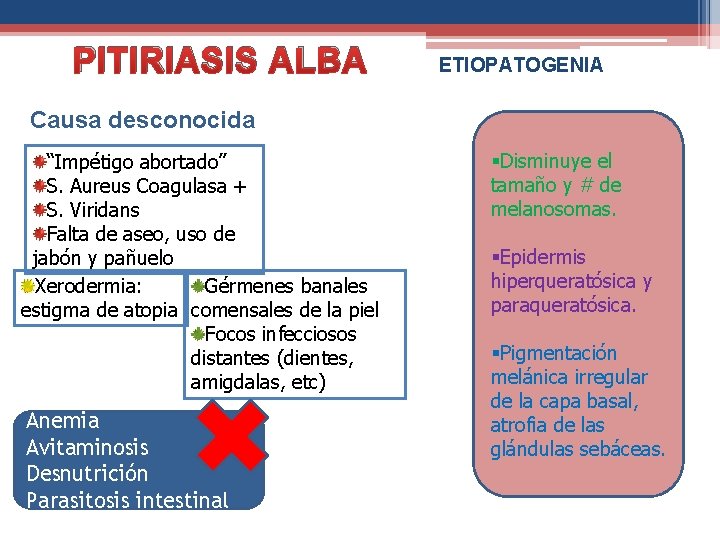 PITIRIASIS ALBA ETIOPATOGENIA Causa desconocida “Impétigo abortado” S. Aureus Coagulasa + S. Viridans Falta