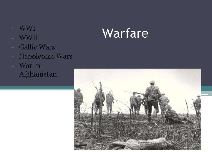 - WWII Gallic Wars Napoleonic Wars War in Afghanistan Warfare 