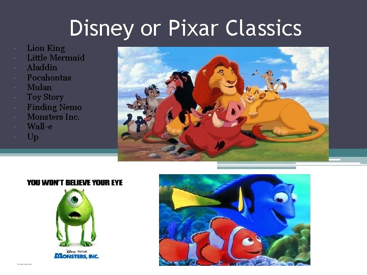 Disney or Pixar Classics - Lion King Little Mermaid Aladdin Pocahontas Mulan Toy Story