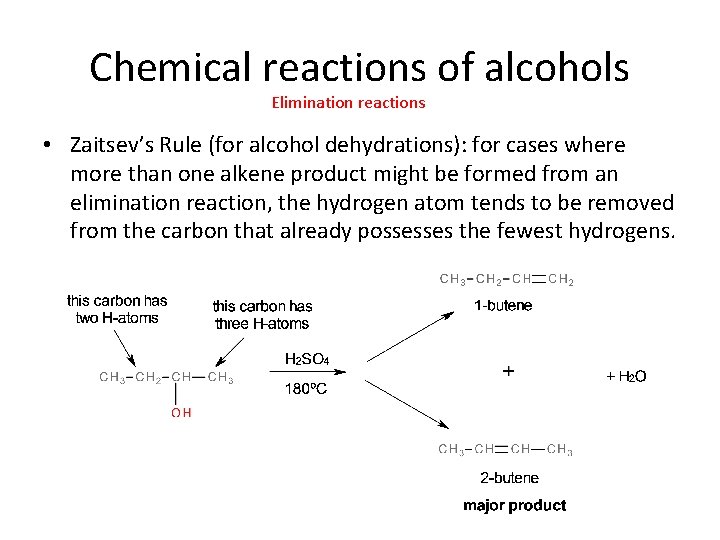 Chemical reactions of alcohols Elimination reactions • Zaitsev’s Rule (for alcohol dehydrations): for cases