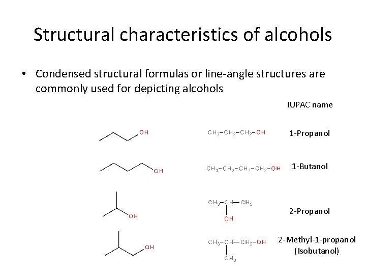 Structural characteristics of alcohols • Condensed structural formulas or line-angle structures are commonly used
