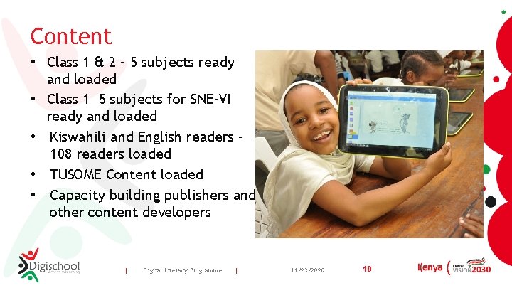 Content • Class 1 & 2 – 5 subjects ready and loaded • Class