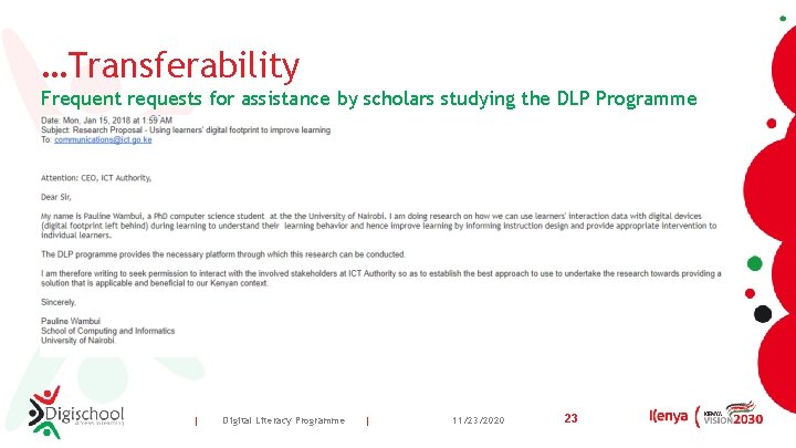 …Transferability Frequent requests for assistance by scholars studying the DLP Programme | Digital Literacy