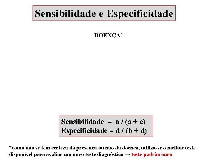 Sensibilidade e Especificidade DOENÇA* Sensibilidade = a / (a + c) Especificidade = d