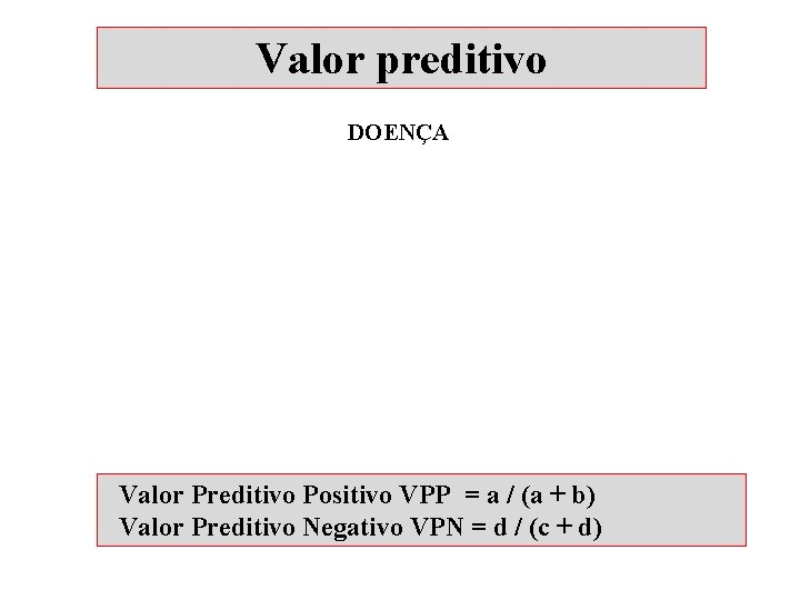 Valor preditivo DOENÇA Valor Preditivo Positivo VPP = a / (a + b) Valor