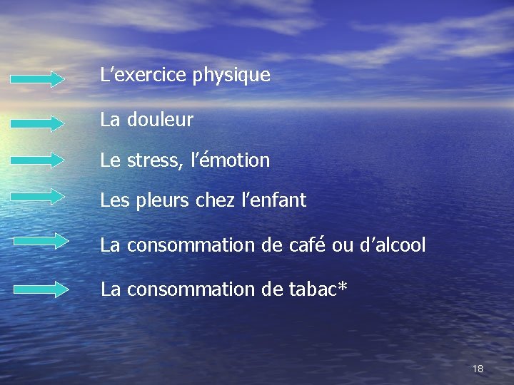 L’exercice physique La douleur Le stress, l’émotion Les pleurs chez l’enfant La consommation de