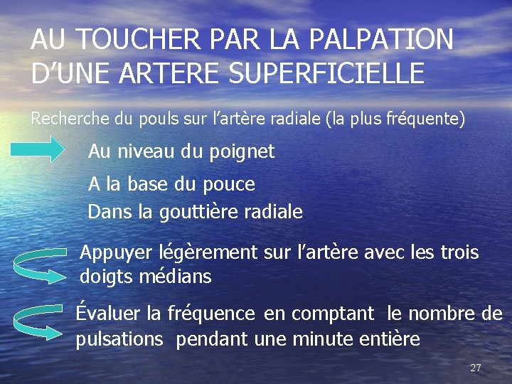 AU TOUCHER PAR LA PALPATION D’UNE ARTERE SUPERFICIELLE Recherche du pouls sur l’artère radiale