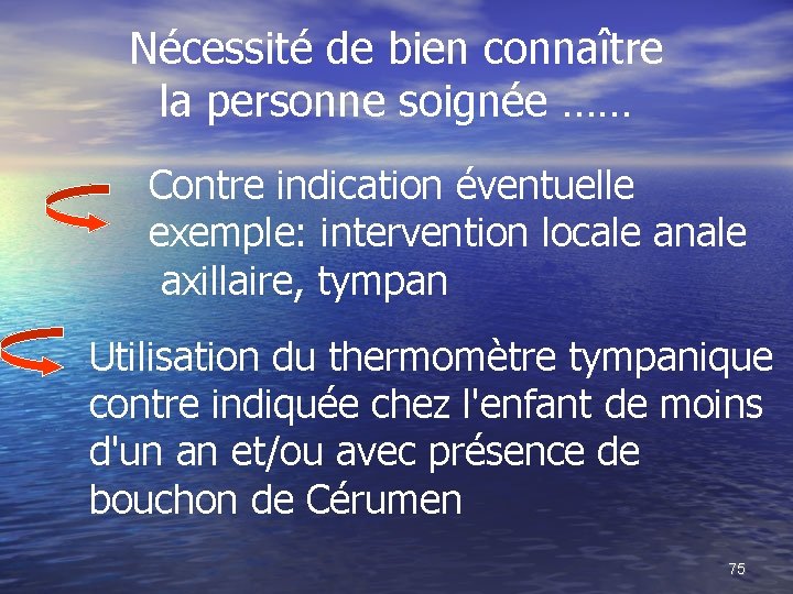 Nécessité de bien connaître la personne soignée …… Contre indication éventuelle exemple: intervention locale