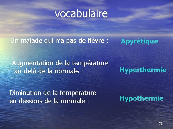 vocabulaire Un malade qui n’a pas de fièvre : Apyrétique Augmentation de la température