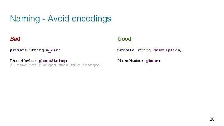 Naming - Avoid encodings Bad Good private String m_dsc; private String description; Phone. Number