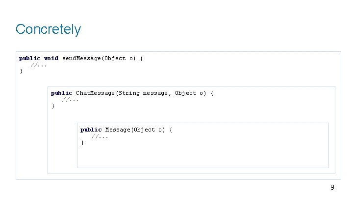Concretely public void send. Message(Object o) { //. . . } public Chat. Message(String