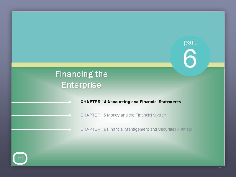 part Financing the Enterprise 6 CHAPTER 14 Accounting and Financial Statements CHAPTER 15 Money