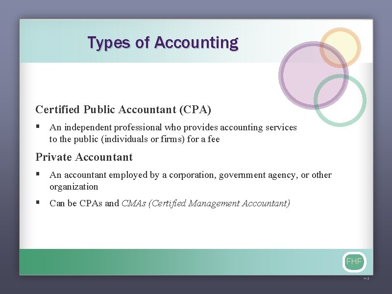Types of Accounting Certified Public Accountant (CPA) § An independent professional who provides accounting