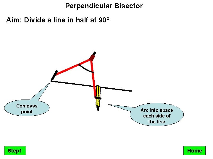 Perpendicular Bisector Aim: Divide a line in half at 90º Compass point Step 1