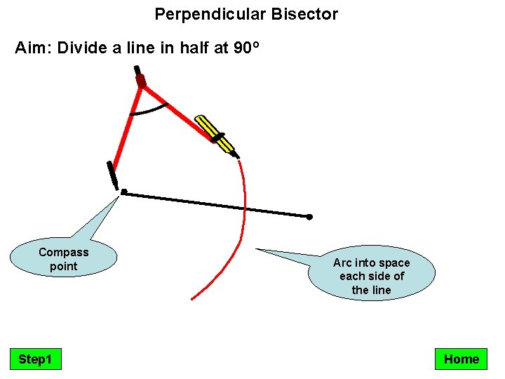 Perpendicular Bisector Aim: Divide a line in half at 90º Compass point Step 1